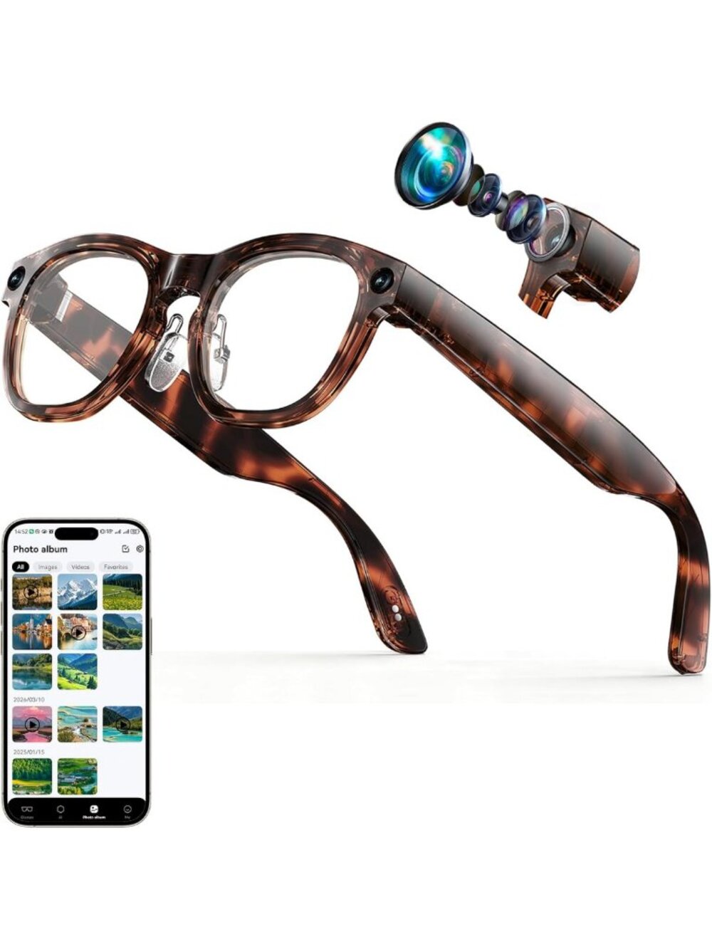Smart Glasses with 8MP Camera, 1080P Video, Real-Time Translation, Bluetooth